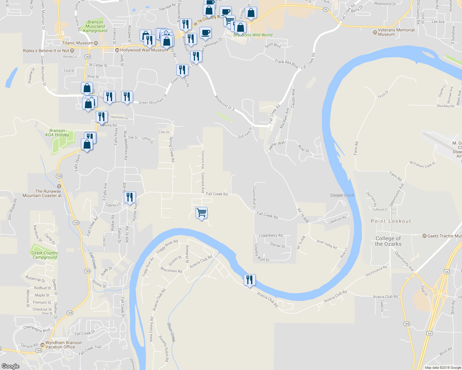 map of restaurants, bars, coffee shops, grocery stores, and more near Country Bluff in Branson