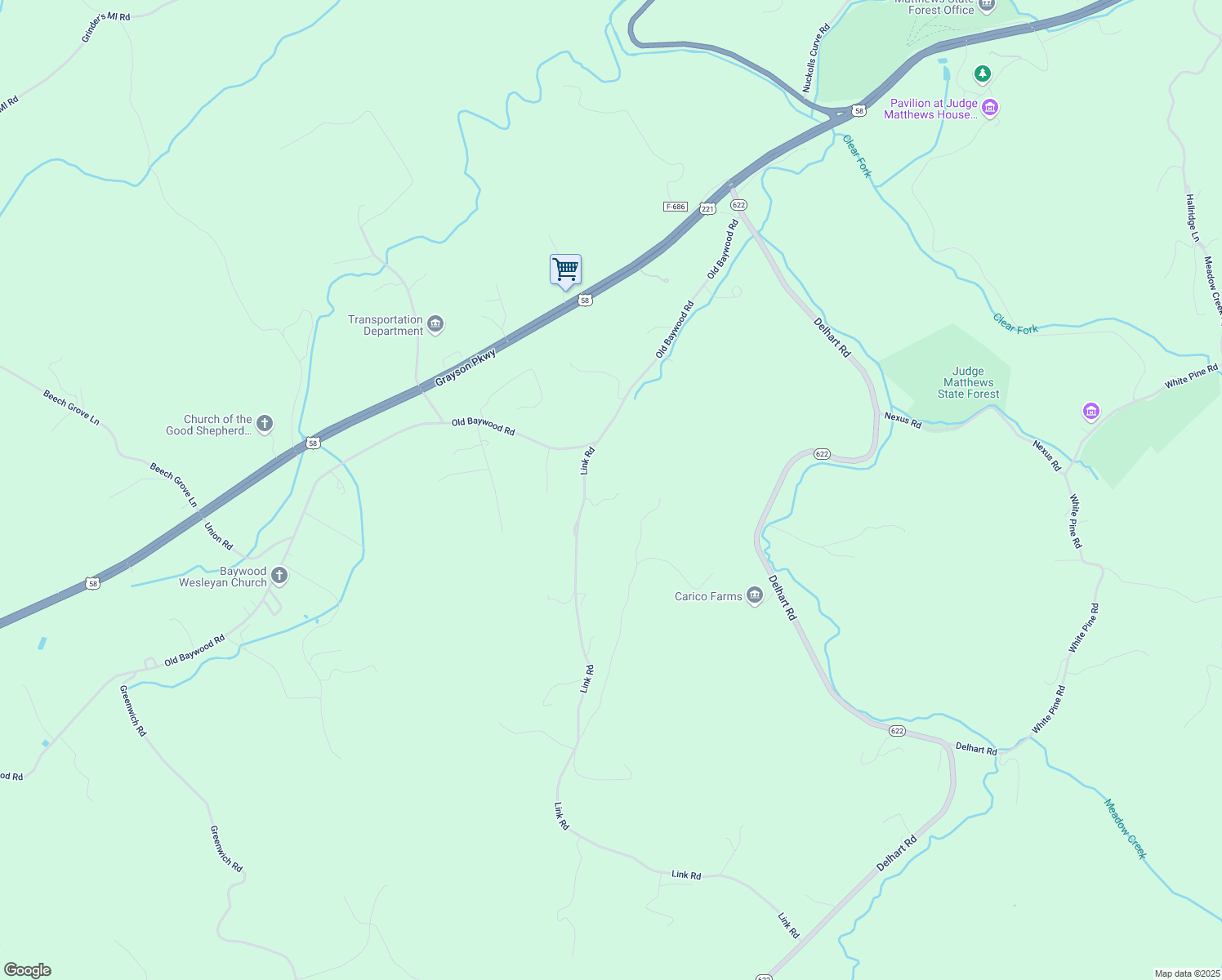 map of restaurants, bars, coffee shops, grocery stores, and more near 171 Link Road in Galax