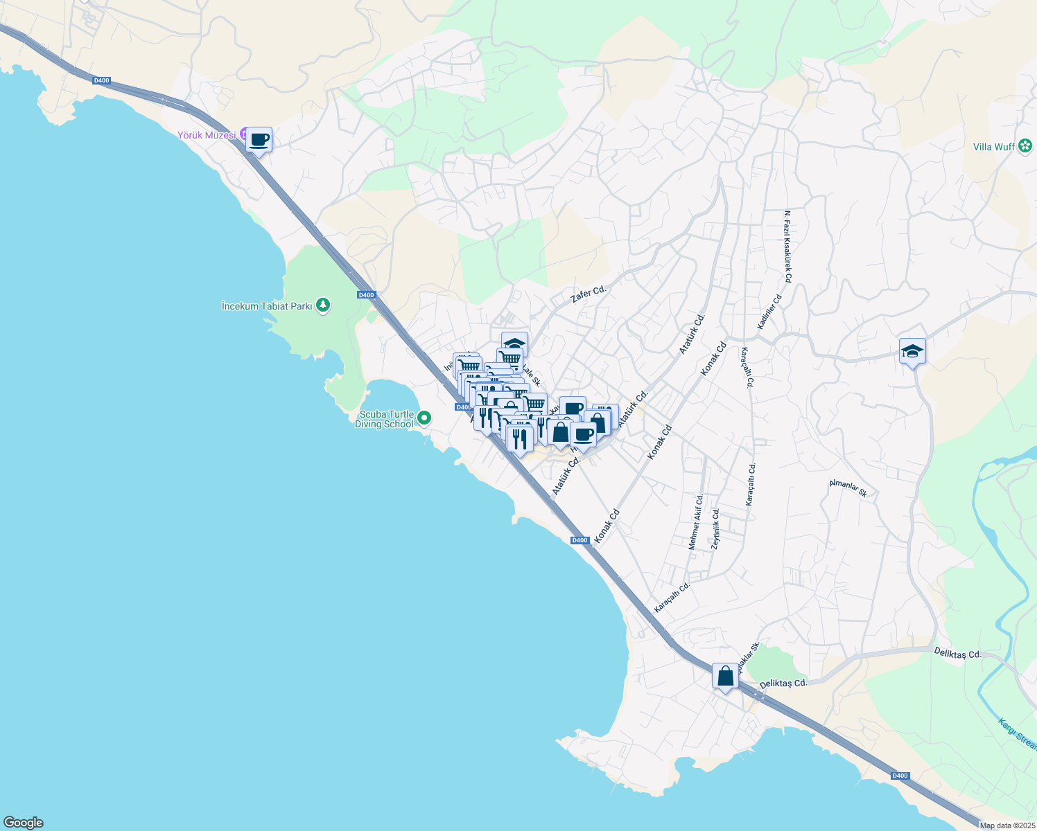 map of restaurants, bars, coffee shops, grocery stores, and more near 9 Yalı Sokak in Alanya