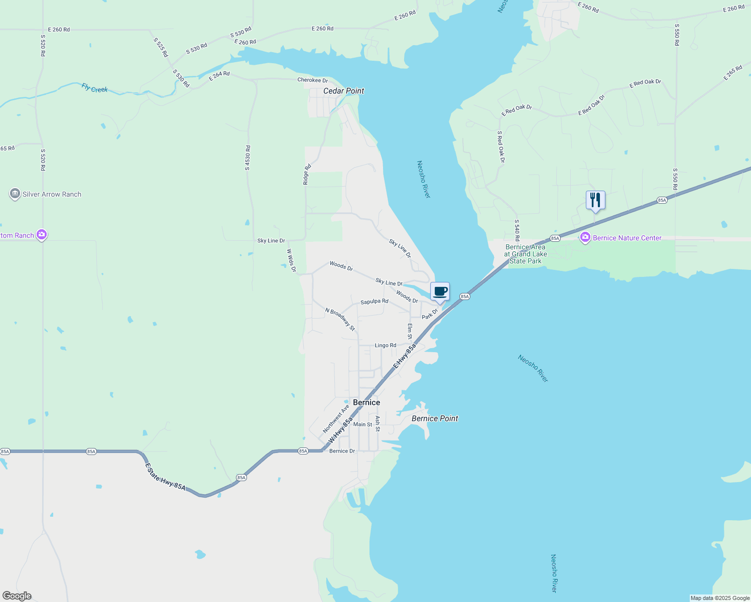 map of restaurants, bars, coffee shops, grocery stores, and more near Sapulpa Rd in Bernice