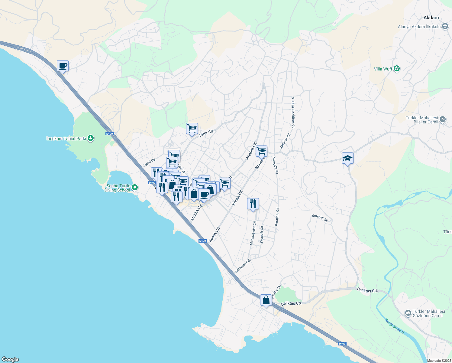 map of restaurants, bars, coffee shops, grocery stores, and more near Atatürk Caddesi in Alanya