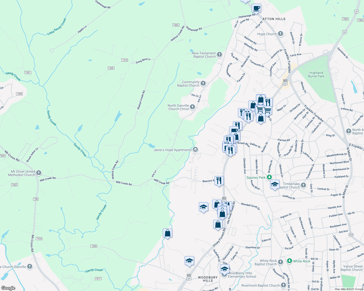 map of restaurants, bars, coffee shops, grocery stores, and more near 277 Iris Lane in Danville