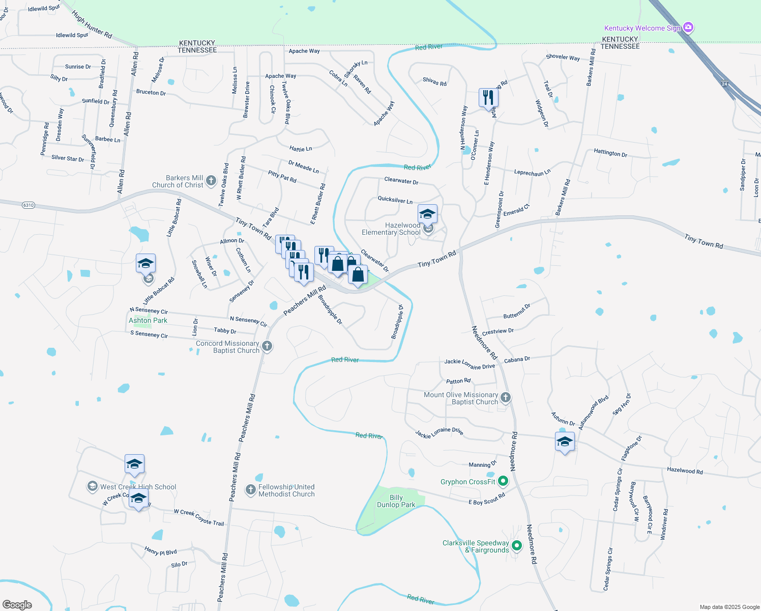 map of restaurants, bars, coffee shops, grocery stores, and more near 2686 Blue Willow Court in Clarksville