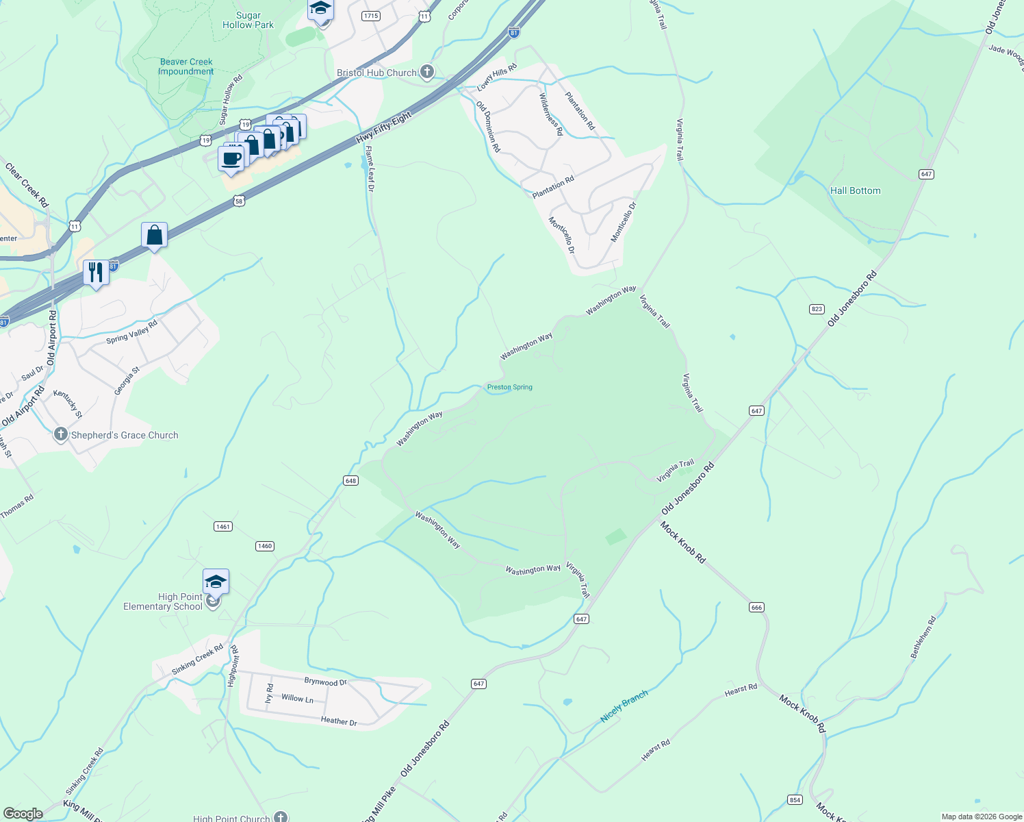 map of restaurants, bars, coffee shops, grocery stores, and more near 15053 Springview Ridge in Bristol