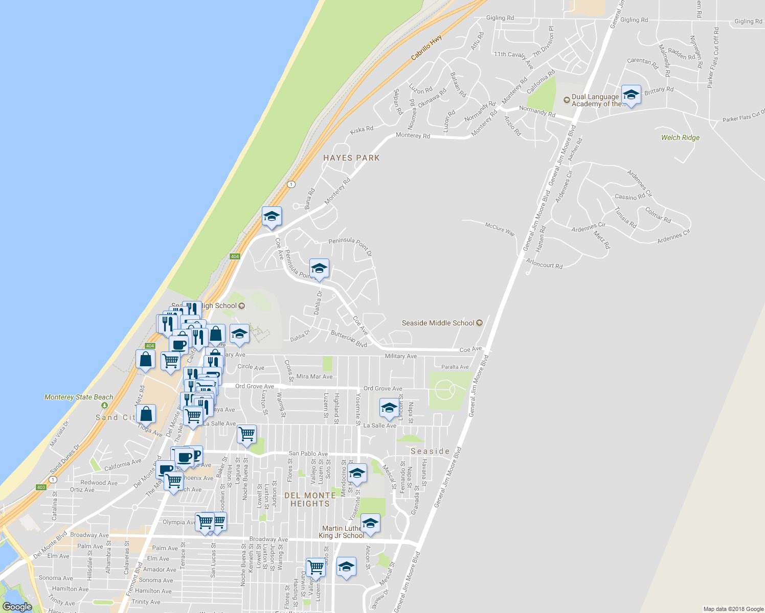 map of restaurants, bars, coffee shops, grocery stores, and more near 4110 Peninsula Point Drive in Seaside