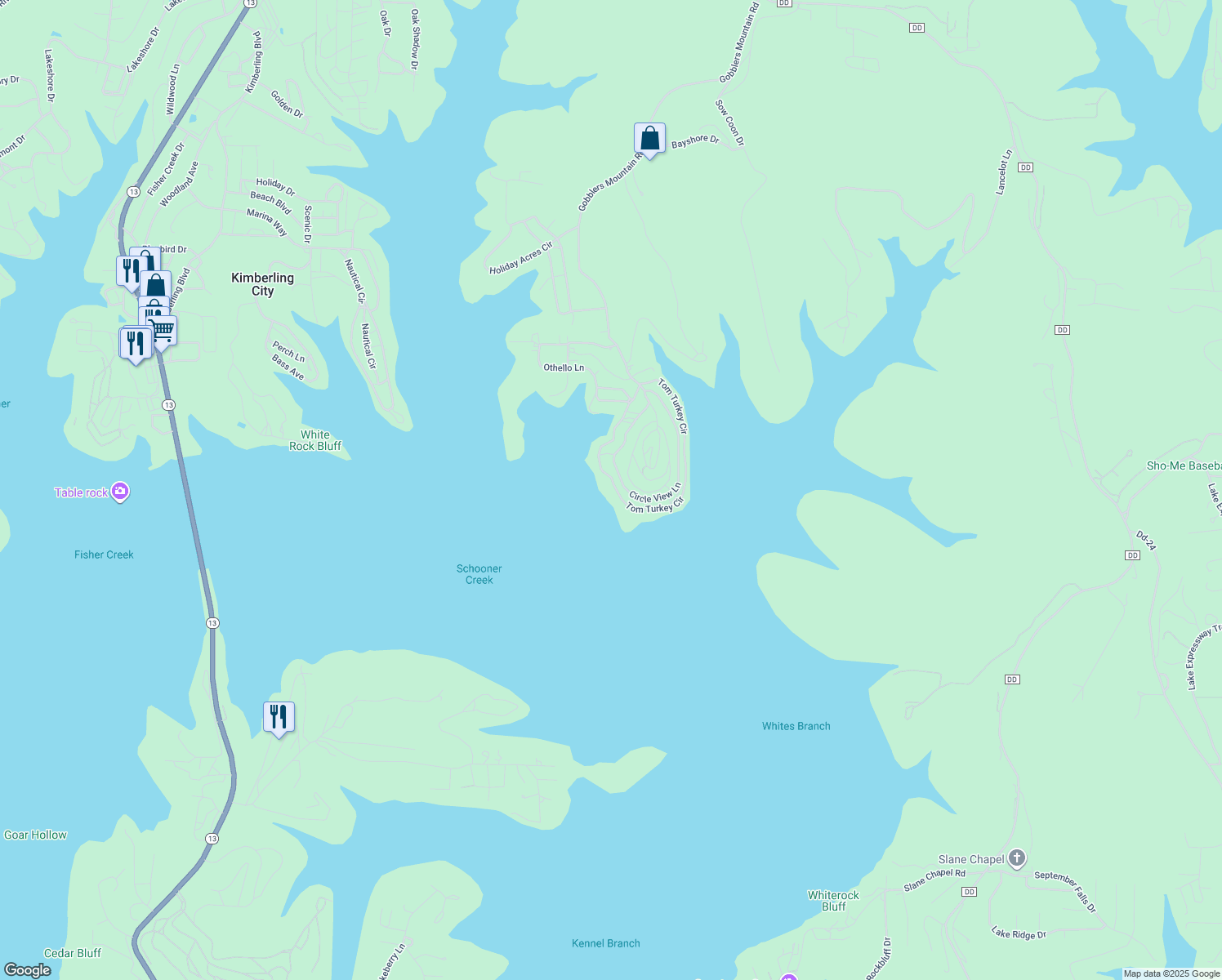 map of restaurants, bars, coffee shops, grocery stores, and more near 382 Tom Turkey Cir in Reeds Spring