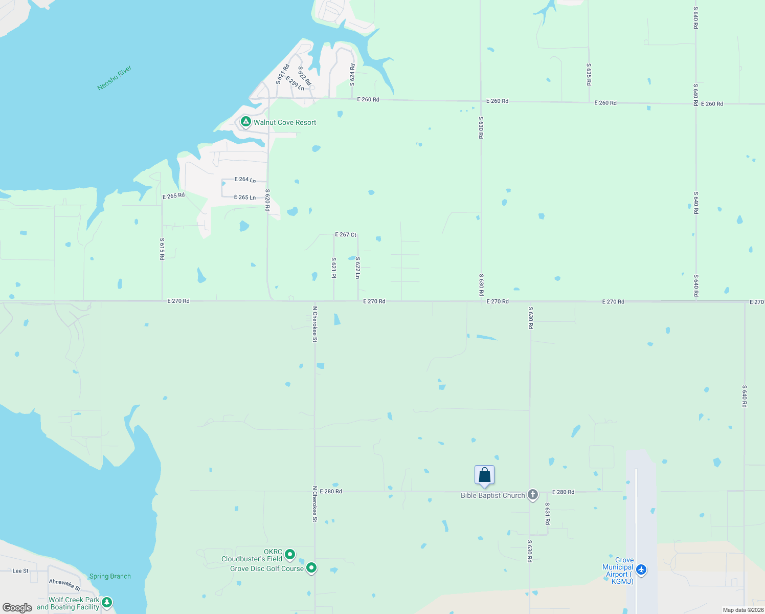 map of restaurants, bars, coffee shops, grocery stores, and more near 62601 East 270 Road in Grove