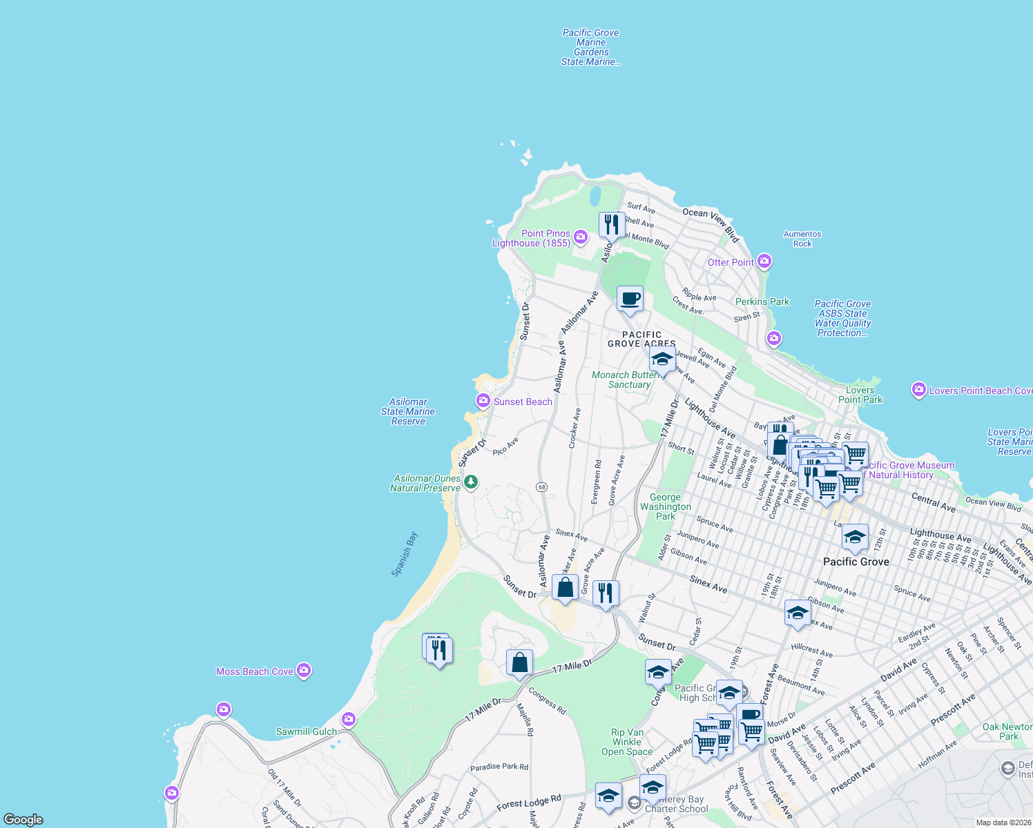 map of restaurants, bars, coffee shops, grocery stores, and more near 10 Calle De Los Amigos in Pacific Grove