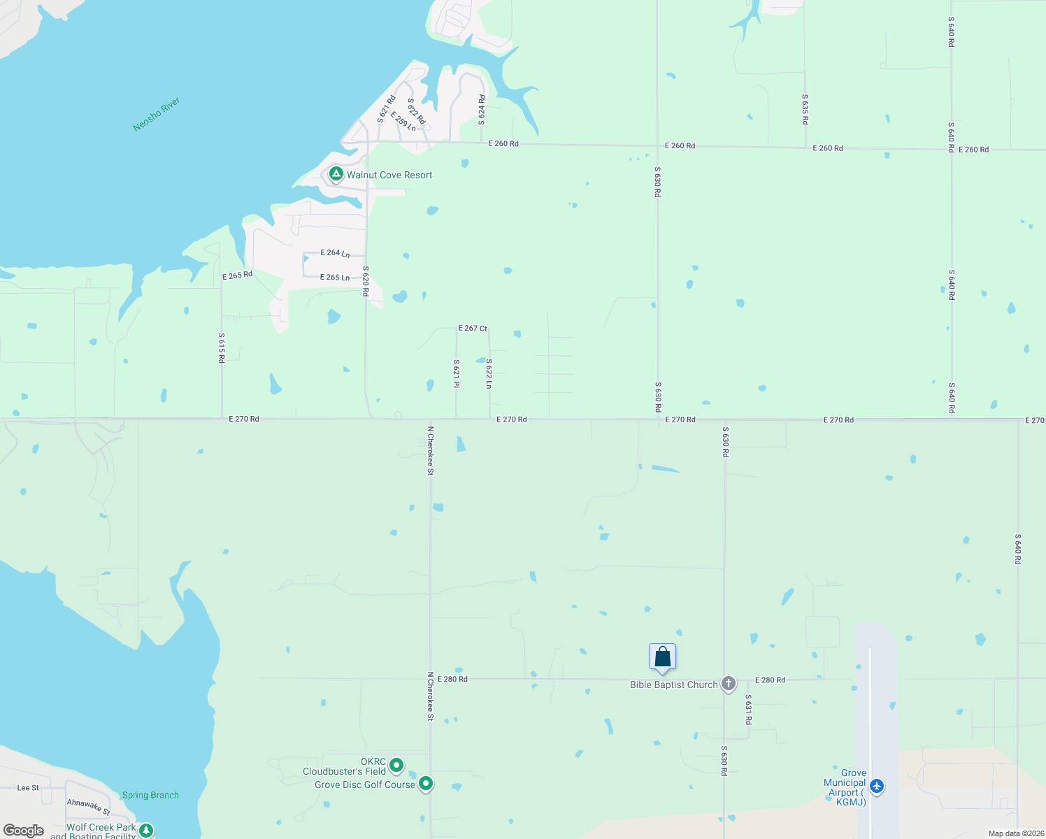 map of restaurants, bars, coffee shops, grocery stores, and more near 63600 East 270 Road in Grove