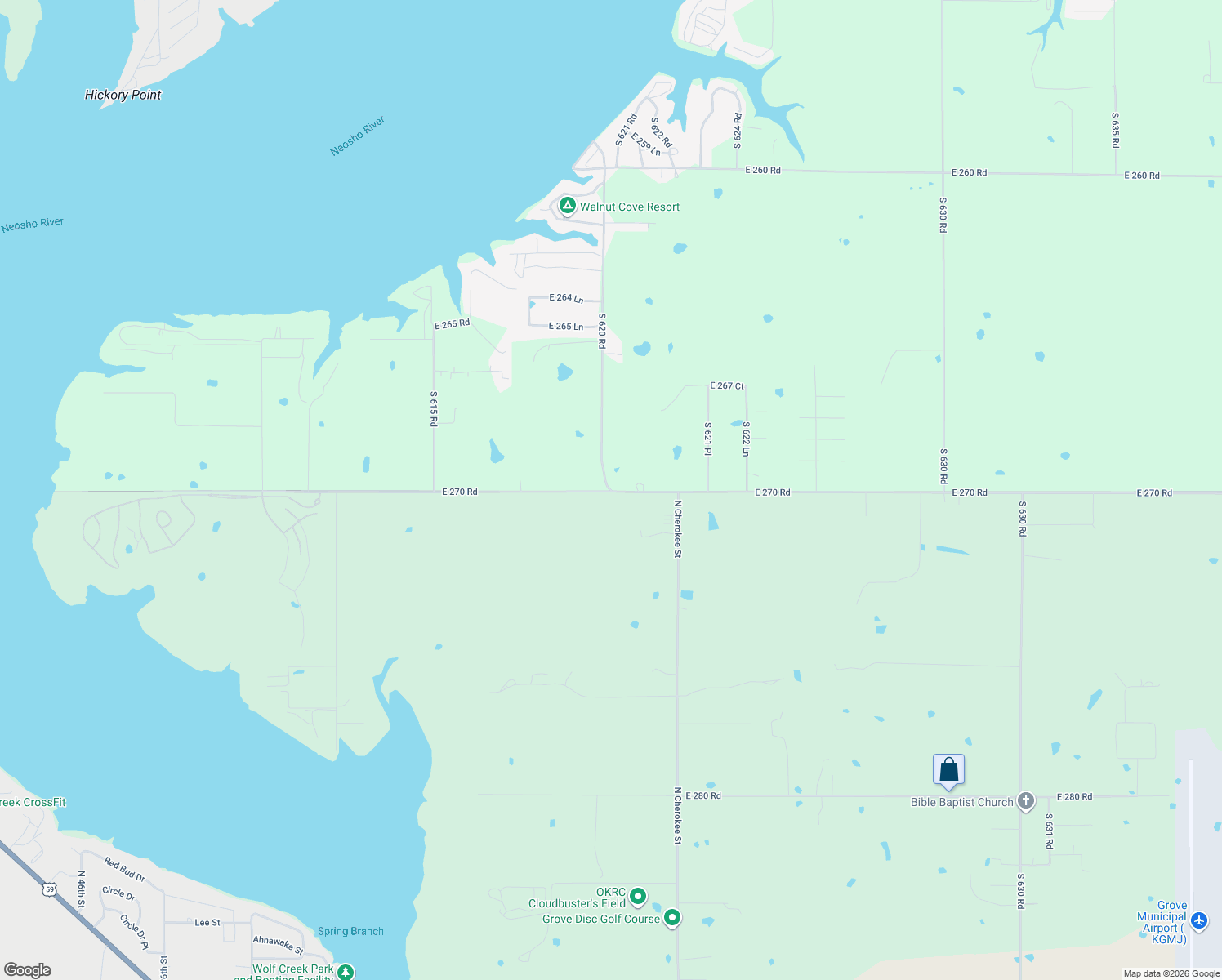 map of restaurants, bars, coffee shops, grocery stores, and more near 26999 S 620 Rd in Grove