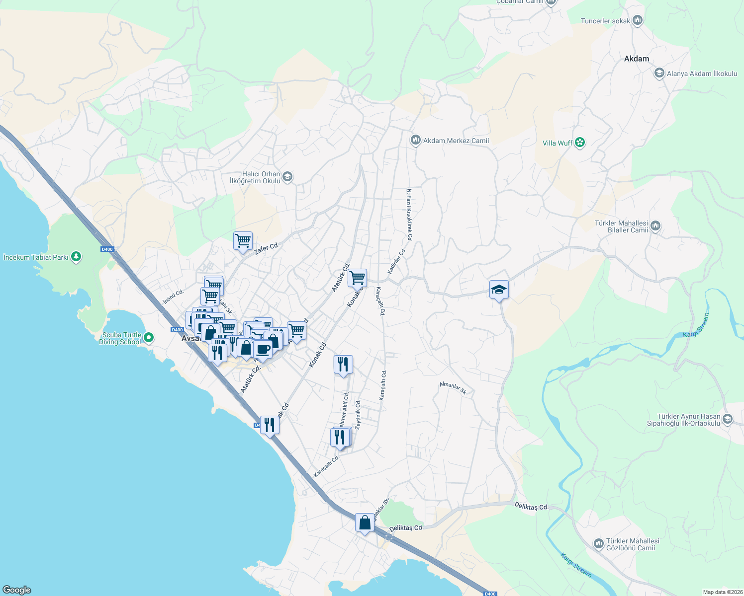 map of restaurants, bars, coffee shops, grocery stores, and more near Konak Caddesi in Alanya