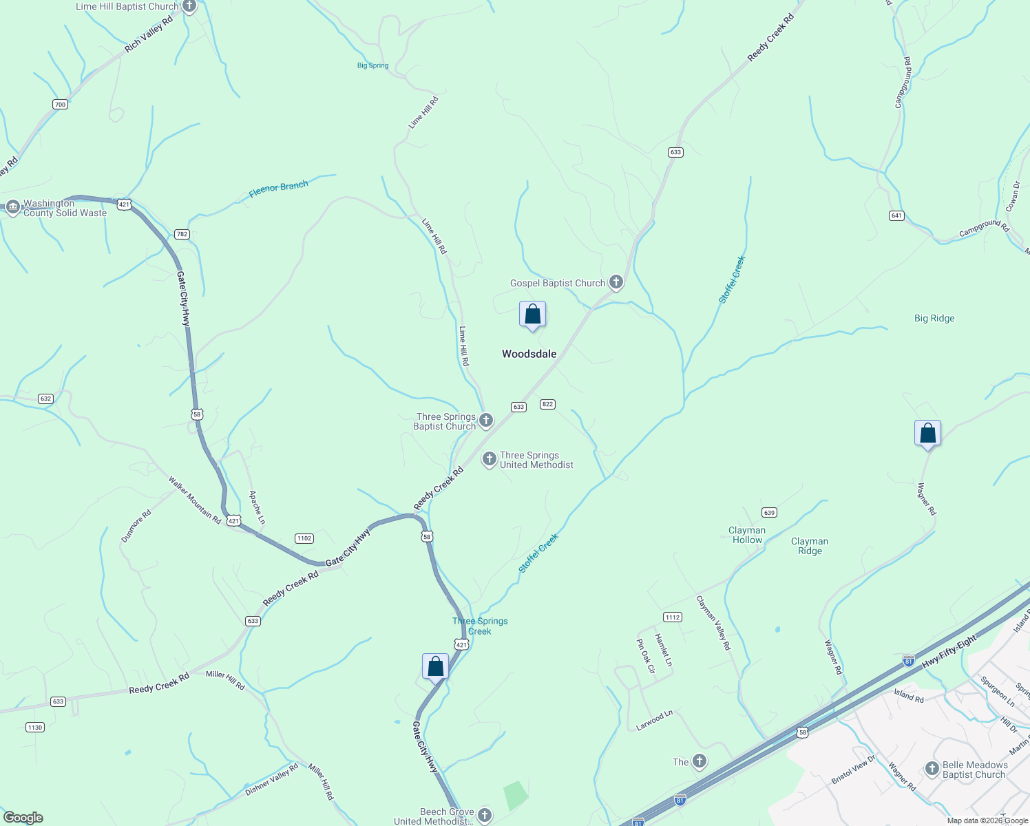 map of restaurants, bars, coffee shops, grocery stores, and more near 7058 Reedy Creek Road in Bristol