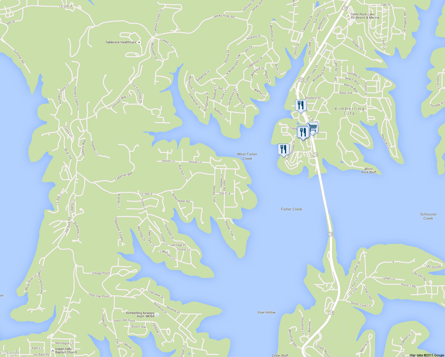 map of restaurants, bars, coffee shops, grocery stores, and more near 16 Vern Road in Kimberling City
