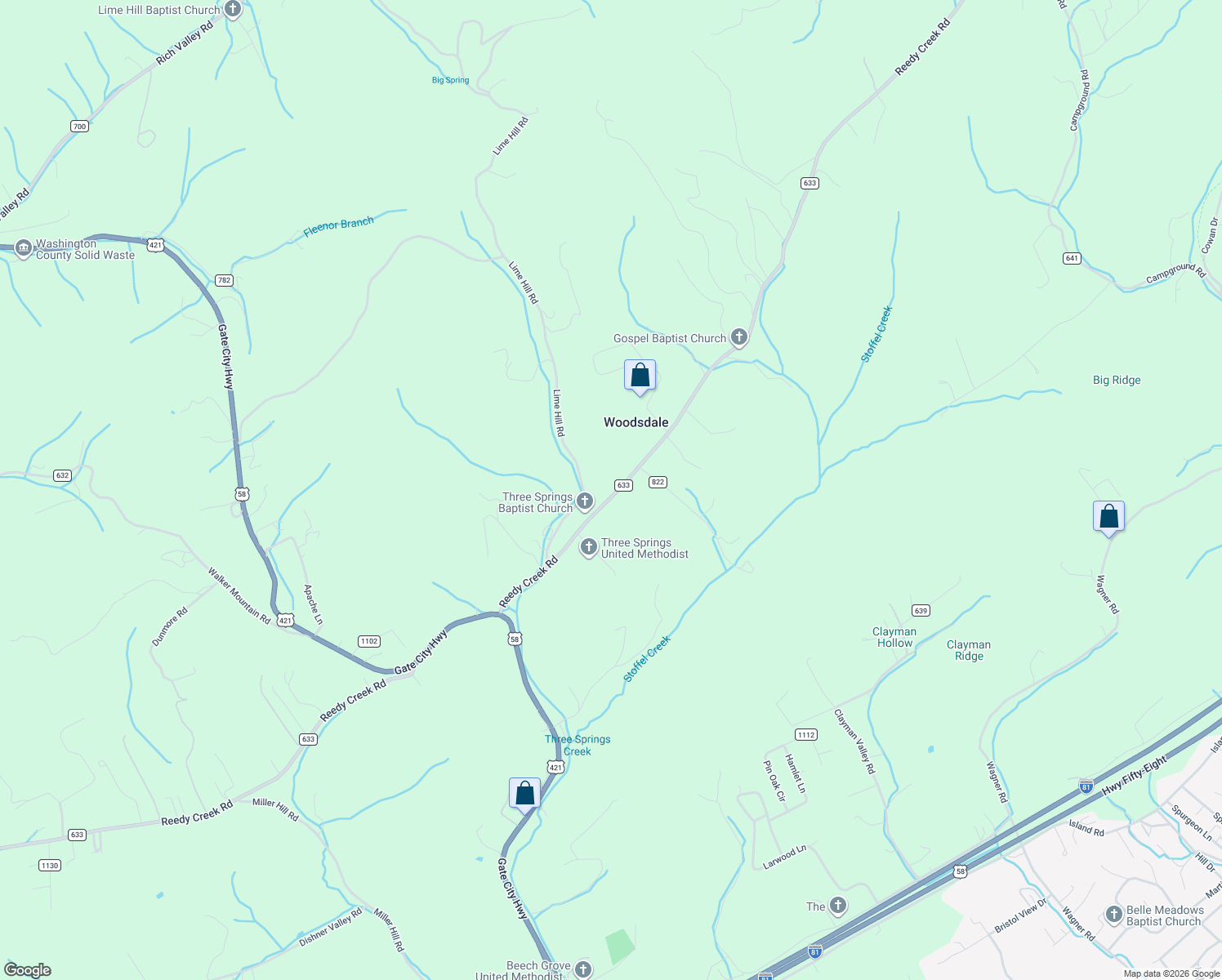 map of restaurants, bars, coffee shops, grocery stores, and more near 7058-7076 Reedy Creek Road in Bristol