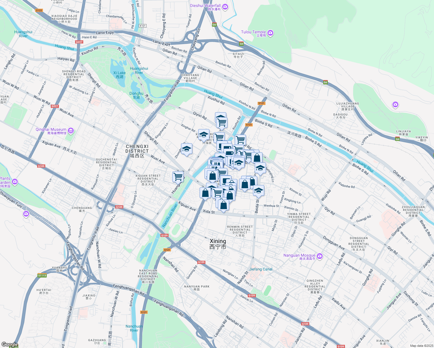 map of restaurants, bars, coffee shops, grocery stores, and more near Chang Jiang Lu in Xi Ning Shi