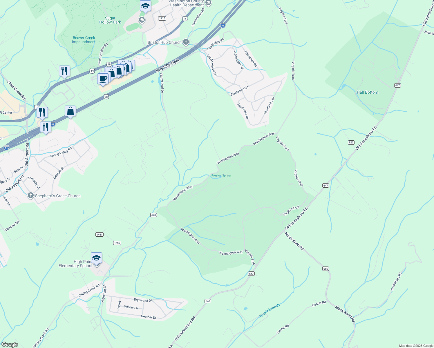 map of restaurants, bars, coffee shops, grocery stores, and more near 14994-14998 Washington Way in Bristol