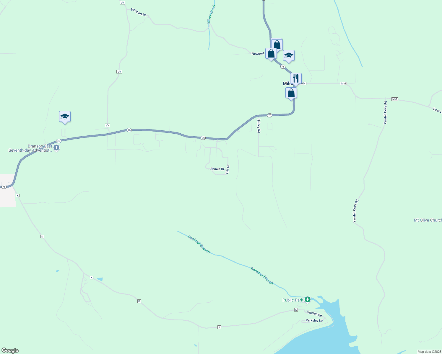 map of restaurants, bars, coffee shops, grocery stores, and more near 203 Eric Dr in Kirbyville