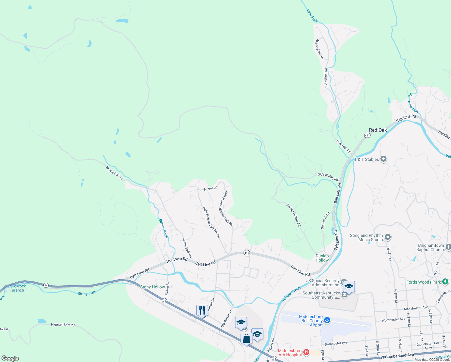 map of restaurants, bars, coffee shops, grocery stores, and more near 284 Polly Hollow Middle Fork Road in Middlesboro