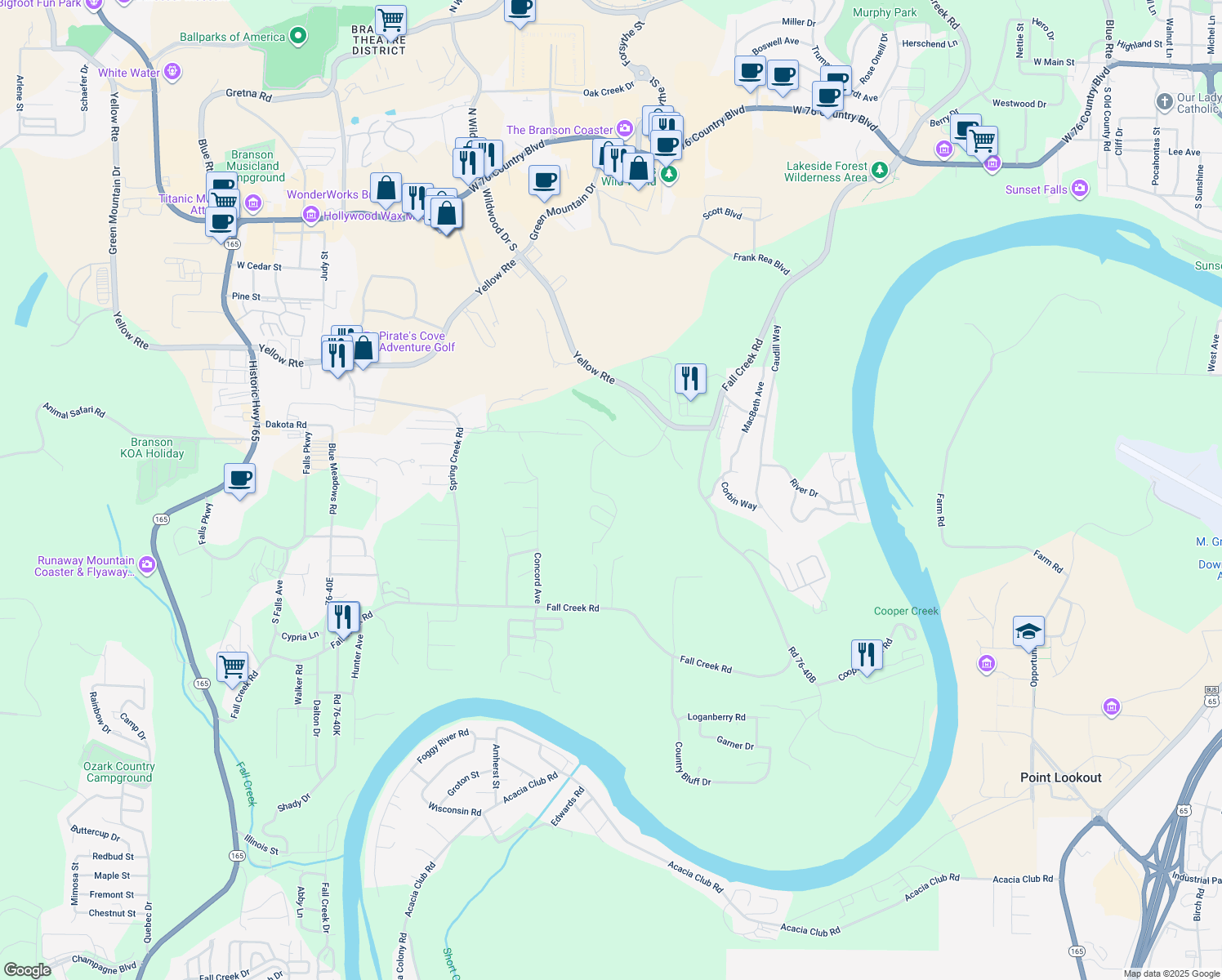 map of restaurants, bars, coffee shops, grocery stores, and more near 175 Golf View Drive in Branson