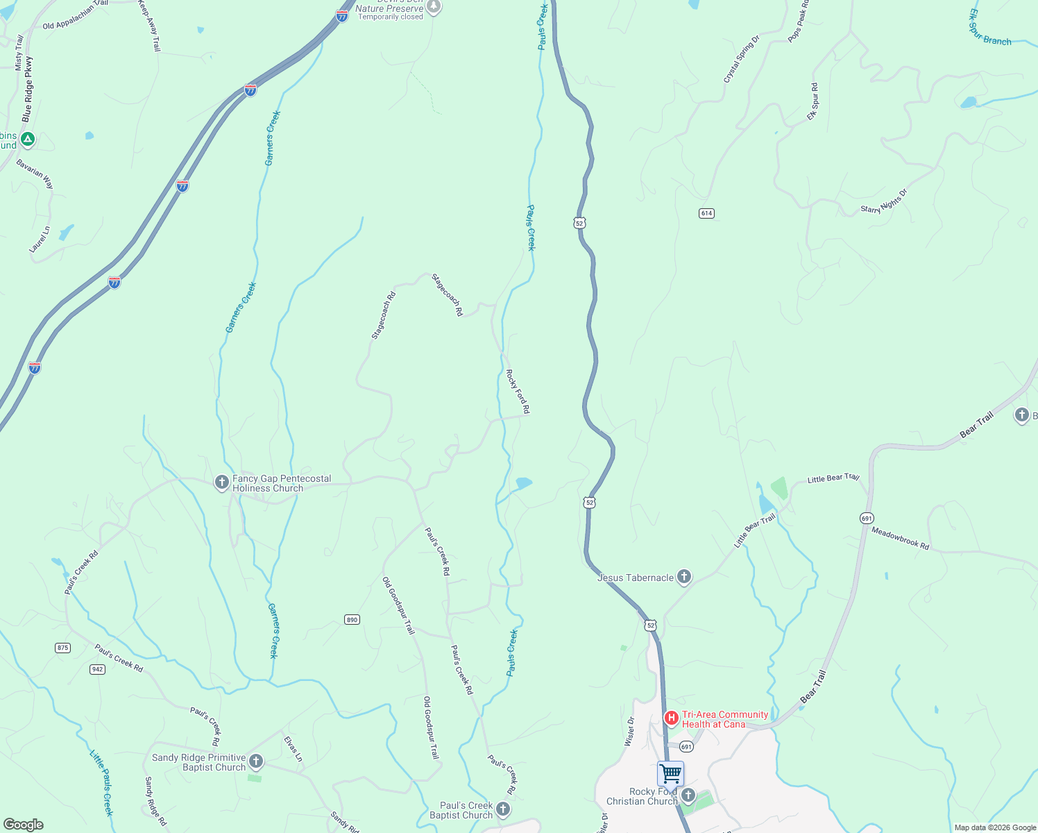 map of restaurants, bars, coffee shops, grocery stores, and more near 592 Rocky Ford Road in Cana