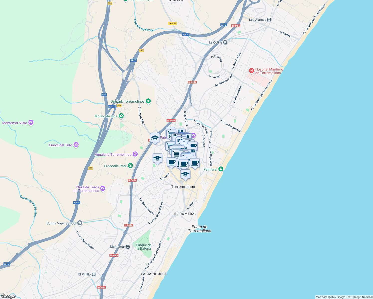 map of restaurants, bars, coffee shops, grocery stores, and more near Calle Hoyo in Torremolinos
