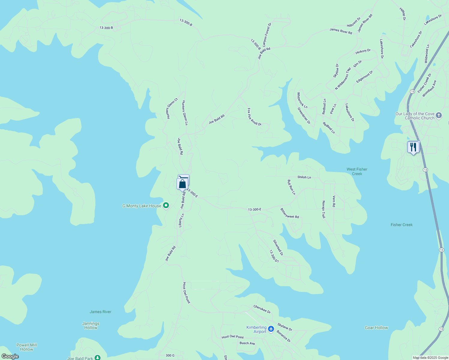 map of restaurants, bars, coffee shops, grocery stores, and more near 402-482 Plateau Ln in Kimberling City