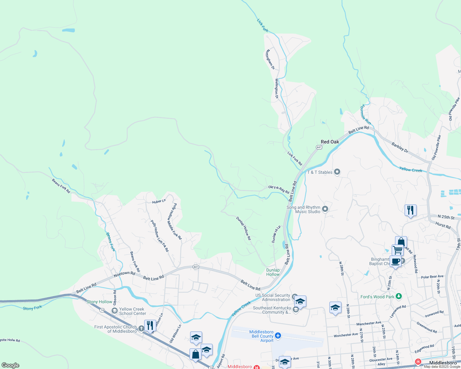 map of restaurants, bars, coffee shops, grocery stores, and more near 494 Stevens Branch Road in Middlesboro