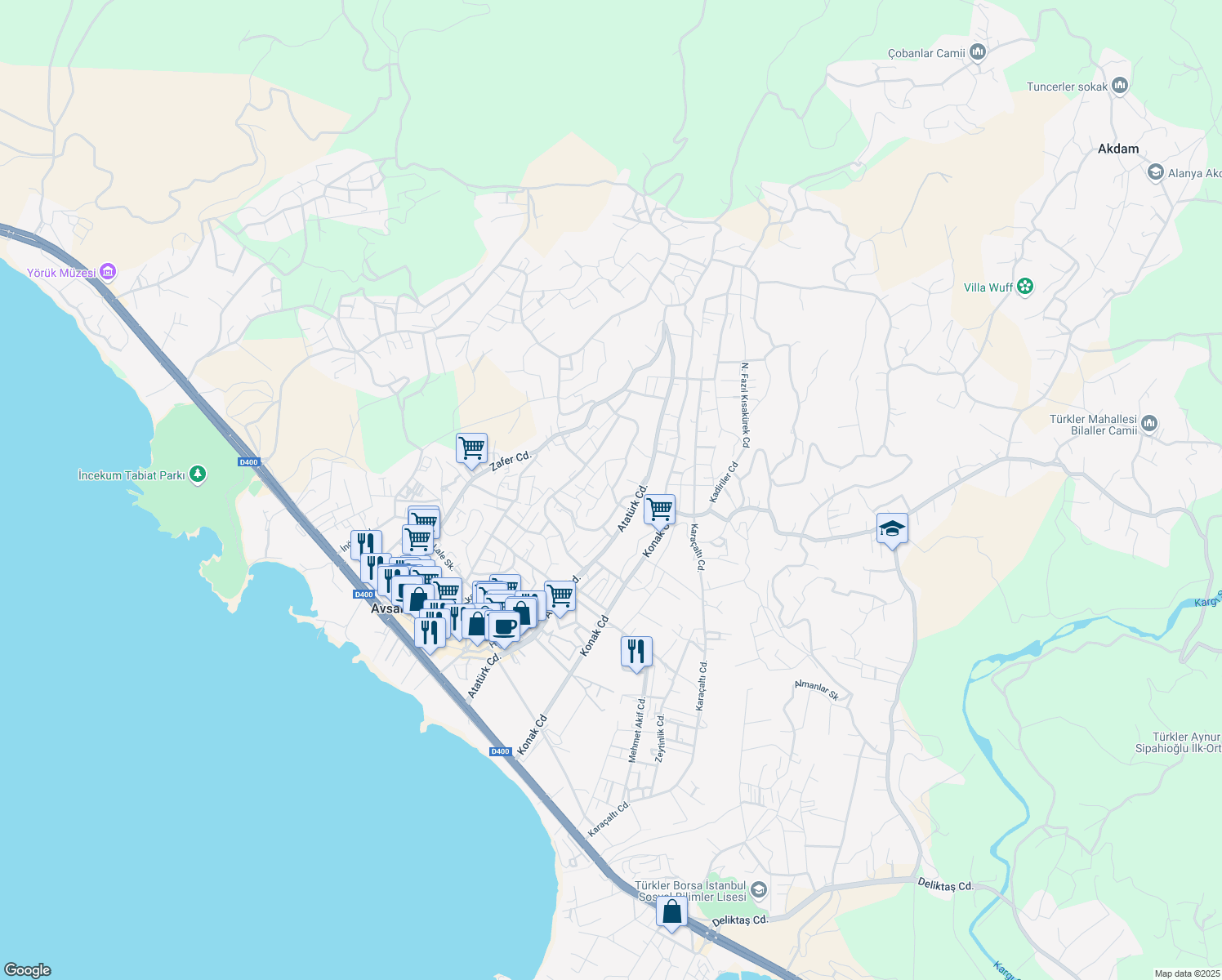 map of restaurants, bars, coffee shops, grocery stores, and more near Unnamed Road in Alanya