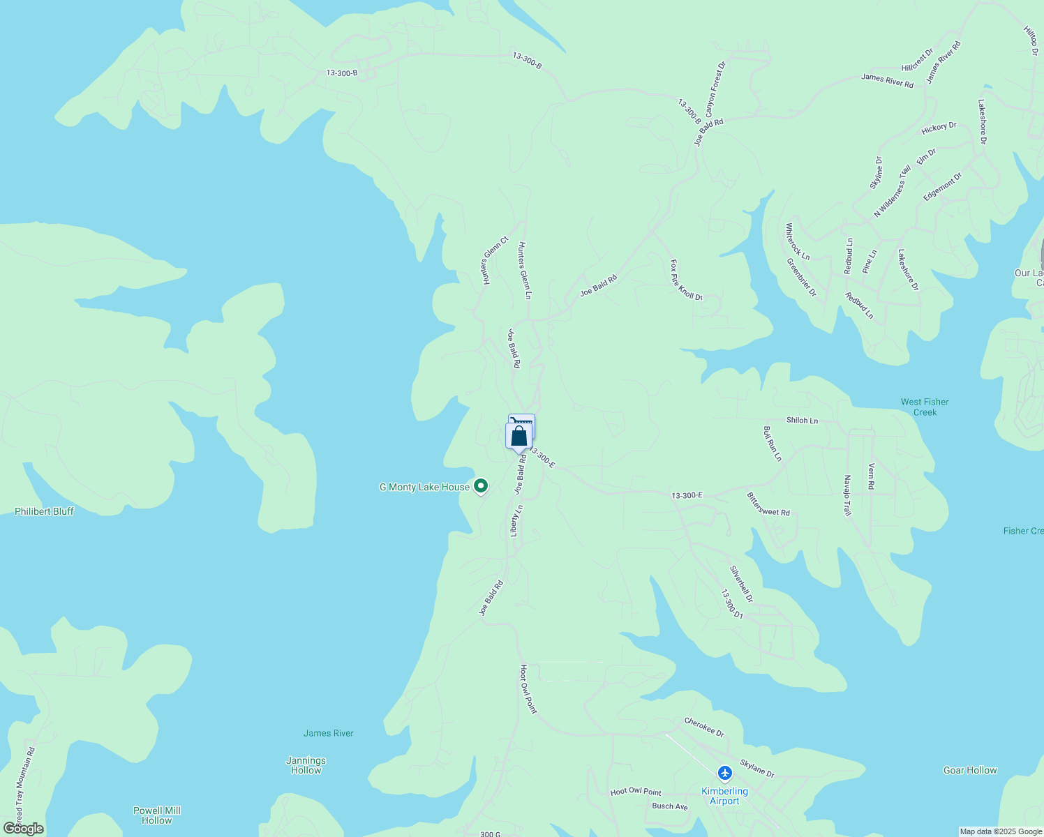 map of restaurants, bars, coffee shops, grocery stores, and more near 3907 Joe Bald Road in Kimberling City