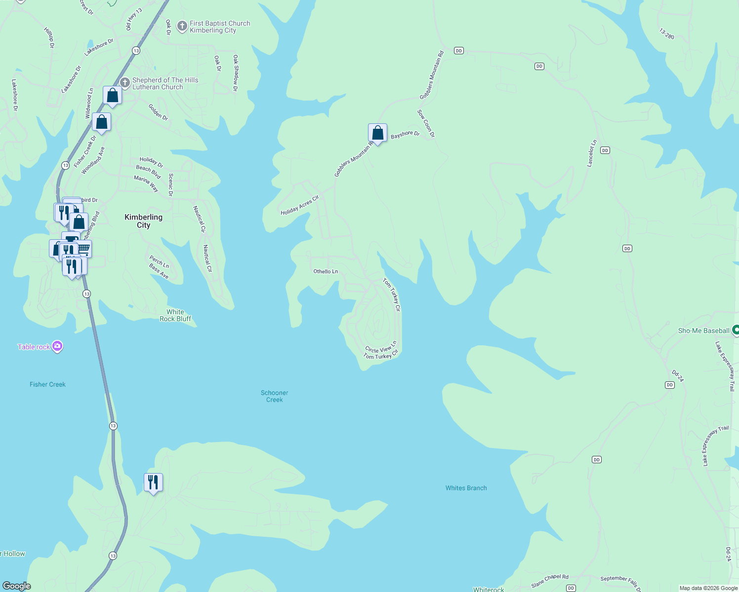 map of restaurants, bars, coffee shops, grocery stores, and more near 100 Quiet Lake Drive in Branson West