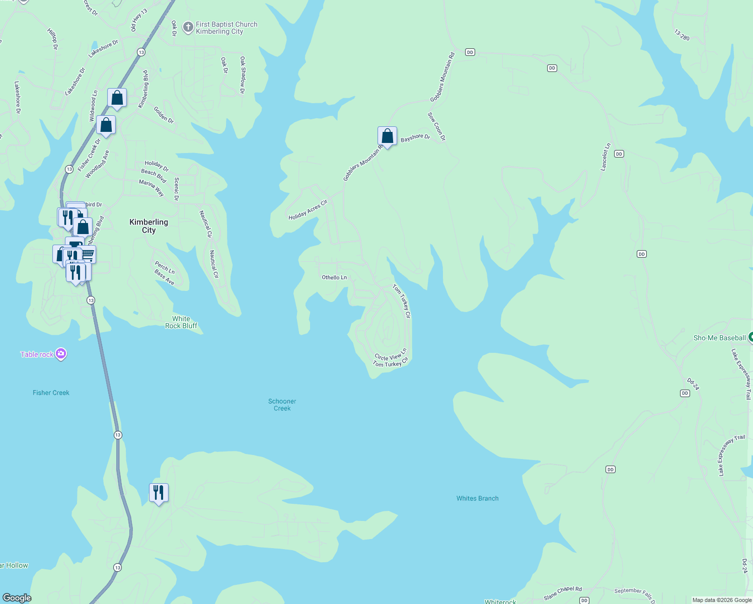 map of restaurants, bars, coffee shops, grocery stores, and more near 100 Quiet Lake Drive in Branson West