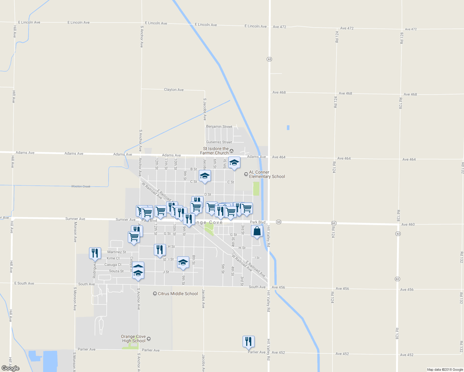 map of restaurants, bars, coffee shops, grocery stores, and more near 333 4th Street in Orange Cove