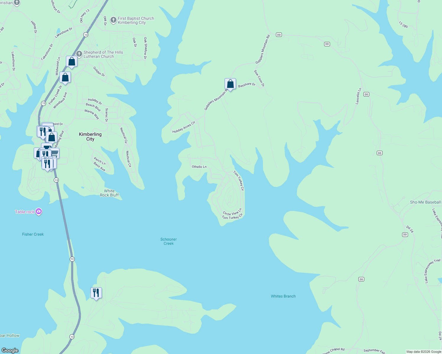 map of restaurants, bars, coffee shops, grocery stores, and more near 100 Quiet Lake Drive in Branson West