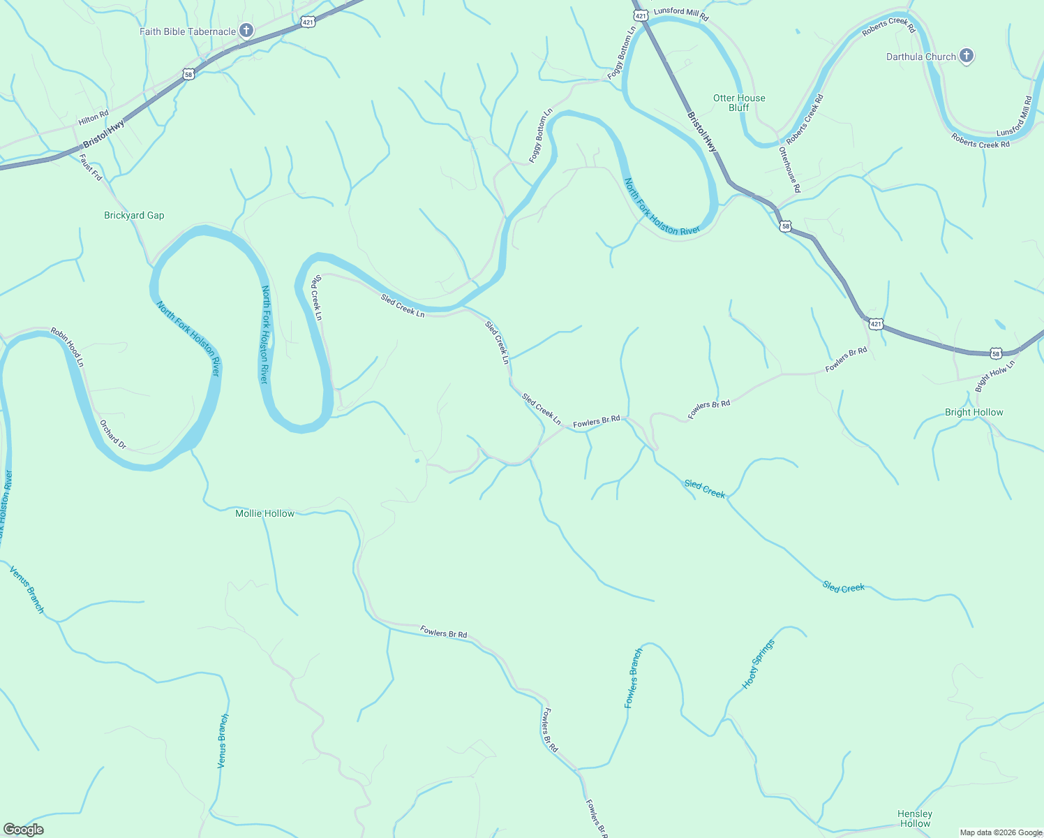 map of restaurants, bars, coffee shops, grocery stores, and more near 1668 Fowlers Branch Road in Hiltons