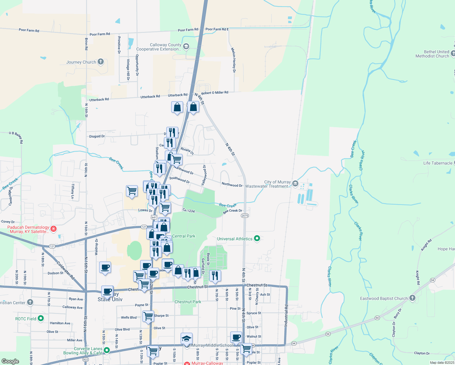map of restaurants, bars, coffee shops, grocery stores, and more near 1401 Michelle Drive in Murray