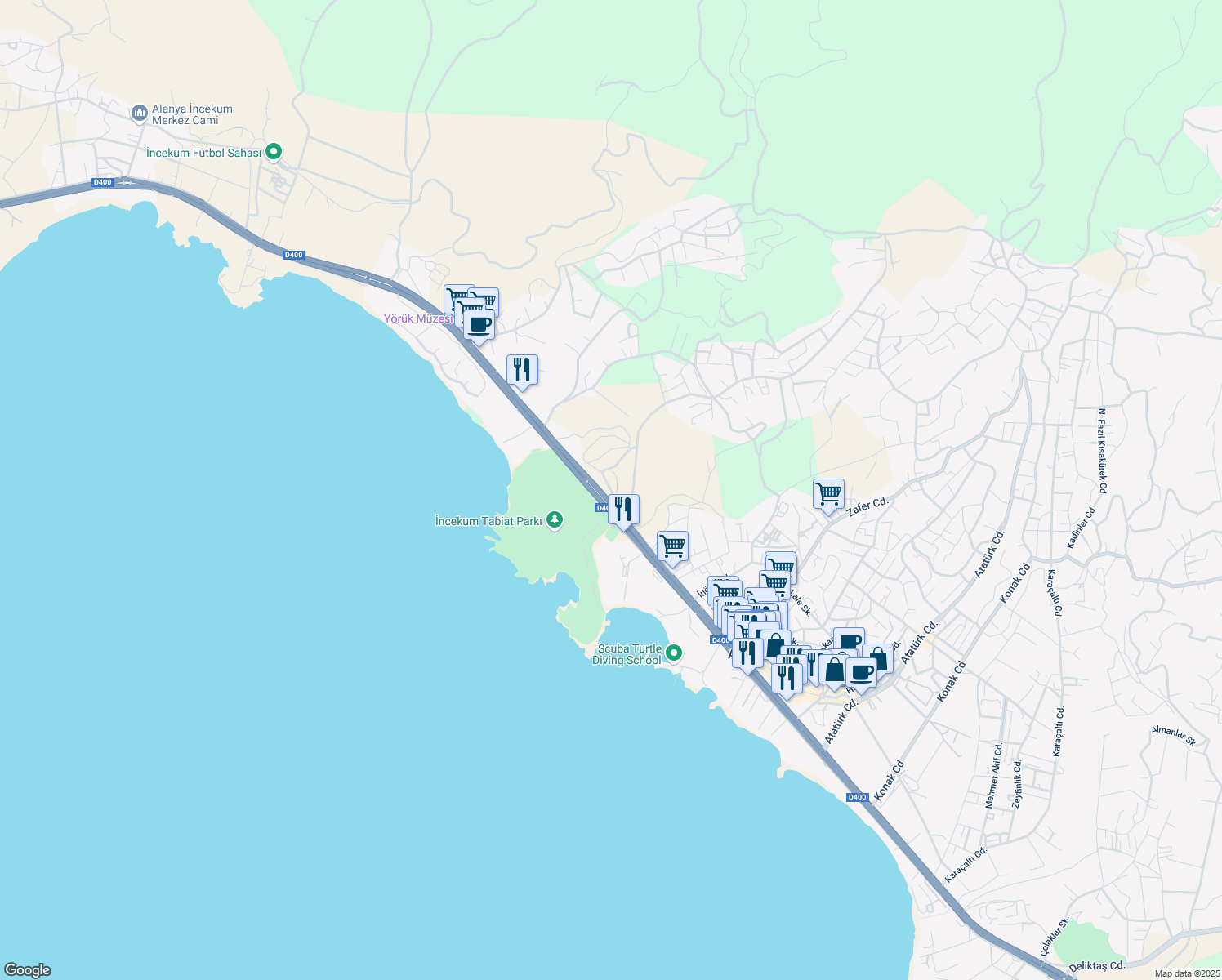 map of restaurants, bars, coffee shops, grocery stores, and more near Stad Caddesi in Alanya