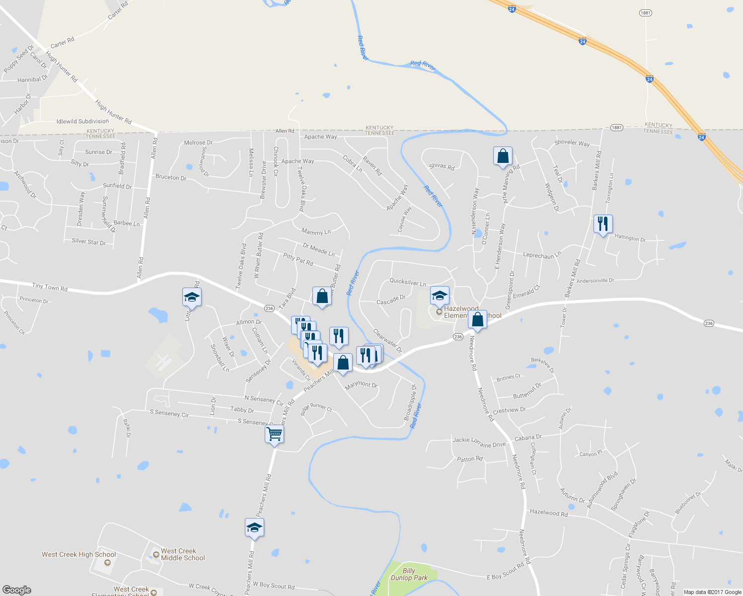map of restaurants, bars, coffee shops, grocery stores, and more near 2793 Cascade Drive in Clarksville