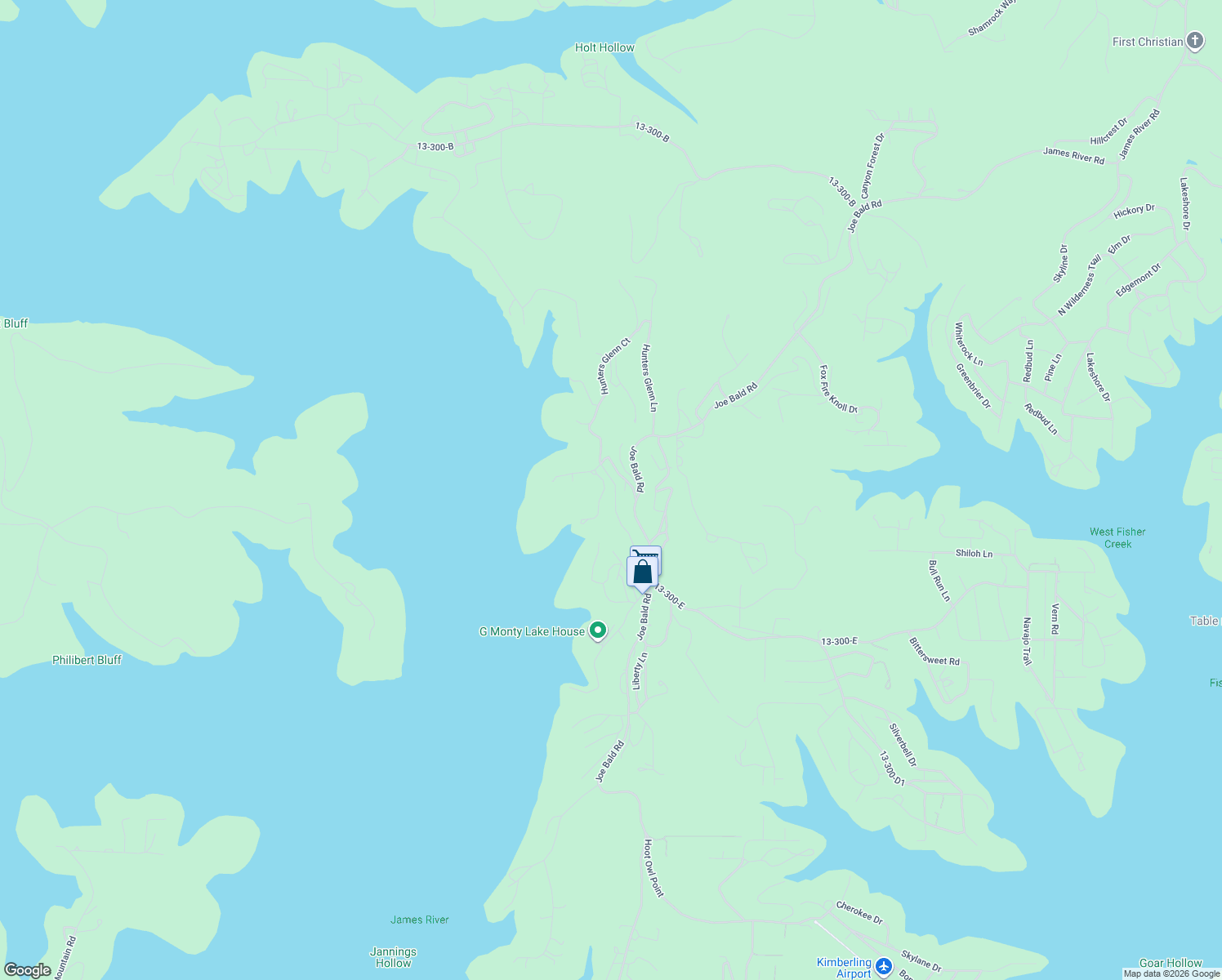 map of restaurants, bars, coffee shops, grocery stores, and more near 98 Scott Street in Kimberling City