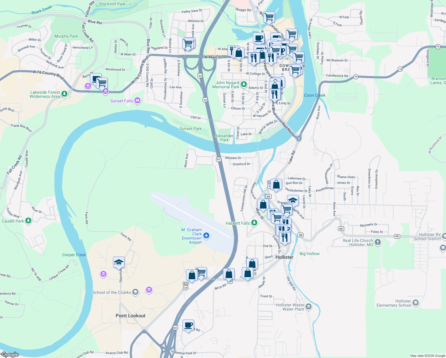 map of restaurants, bars, coffee shops, grocery stores, and more near Stafford Drive in Hollister