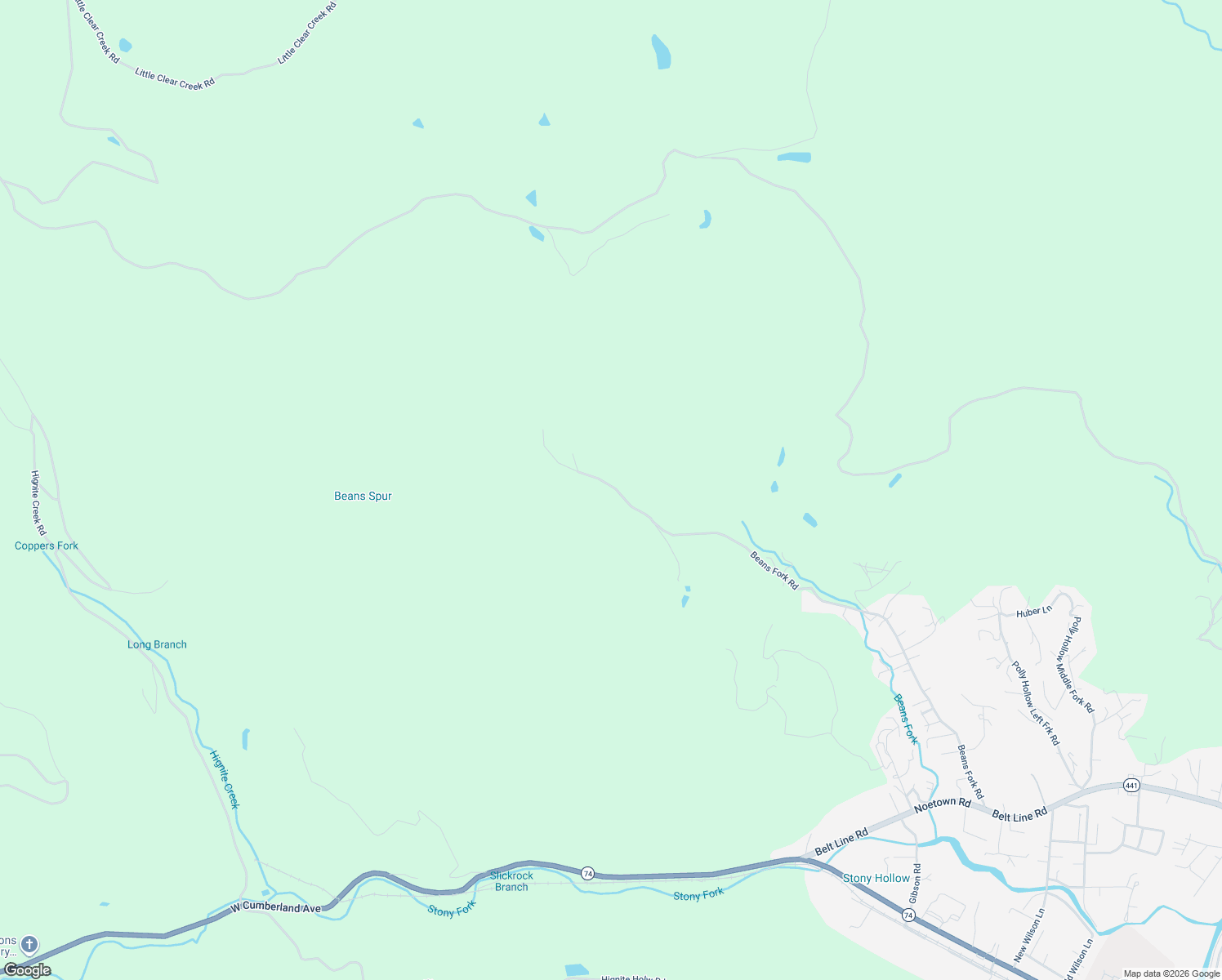 map of restaurants, bars, coffee shops, grocery stores, and more near 1656 Beans Fork Road in Middlesboro