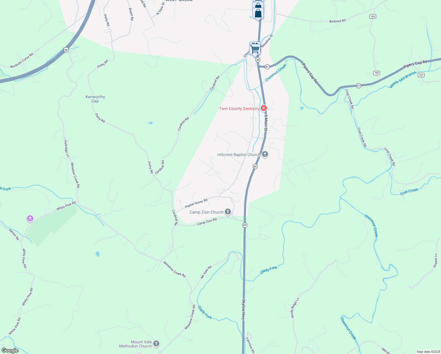 map of restaurants, bars, coffee shops, grocery stores, and more near 96-120 Vine Street in Galax