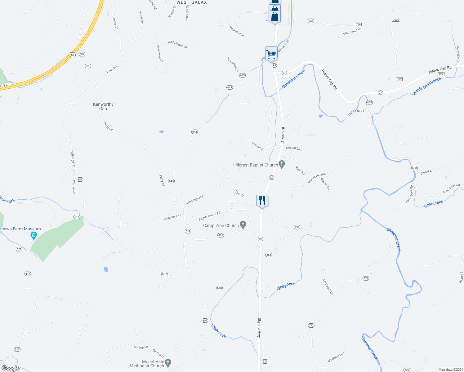 map of restaurants, bars, coffee shops, grocery stores, and more near 113 Vine Street in Galax
