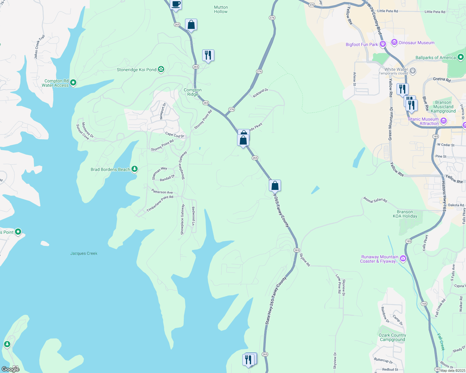 map of restaurants, bars, coffee shops, grocery stores, and more near 184 Hummingbird Hills Ln in Branson