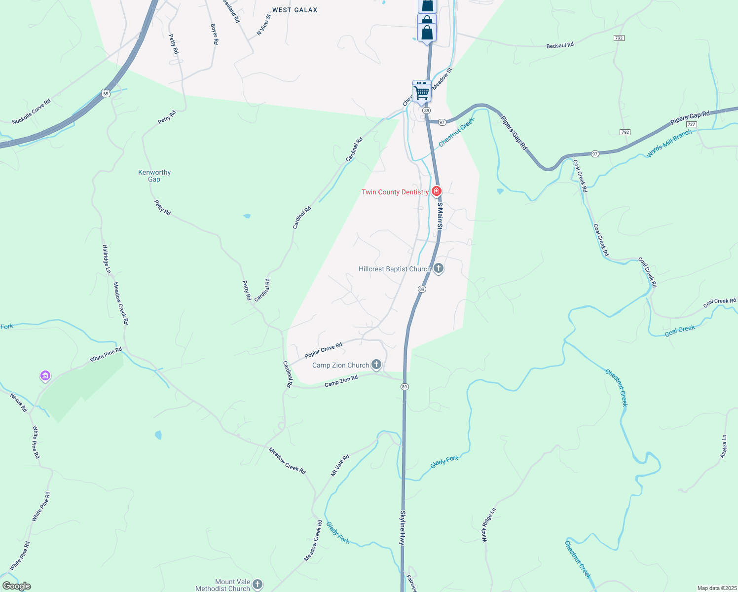 map of restaurants, bars, coffee shops, grocery stores, and more near 113 Vine Street in Galax