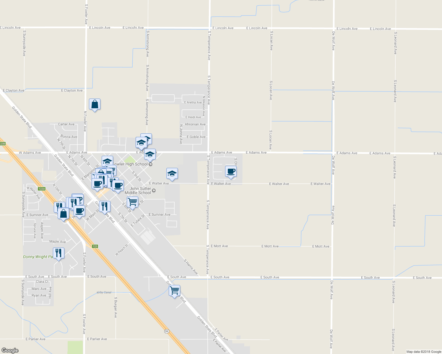 map of restaurants, bars, coffee shops, grocery stores, and more near 2218 East Katherine Avenue in Fowler