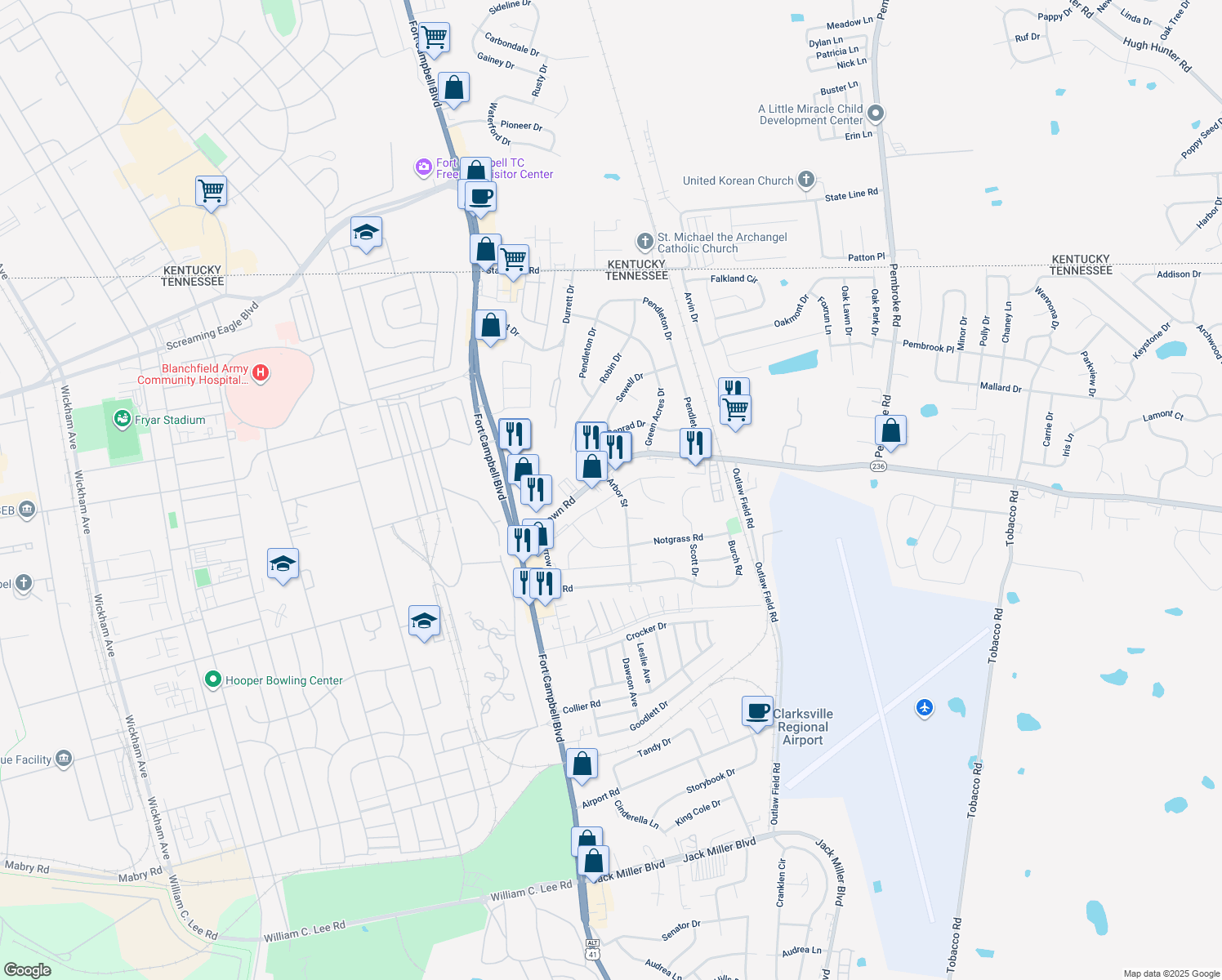 map of restaurants, bars, coffee shops, grocery stores, and more near 235 Copeland Rd in Clarksville