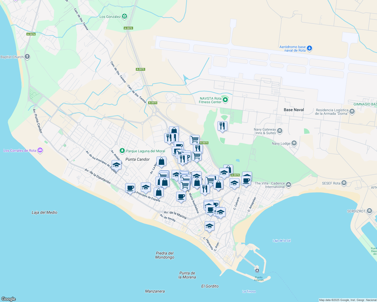map of restaurants, bars, coffee shops, grocery stores, and more near 21 Calle Herreros in Rota