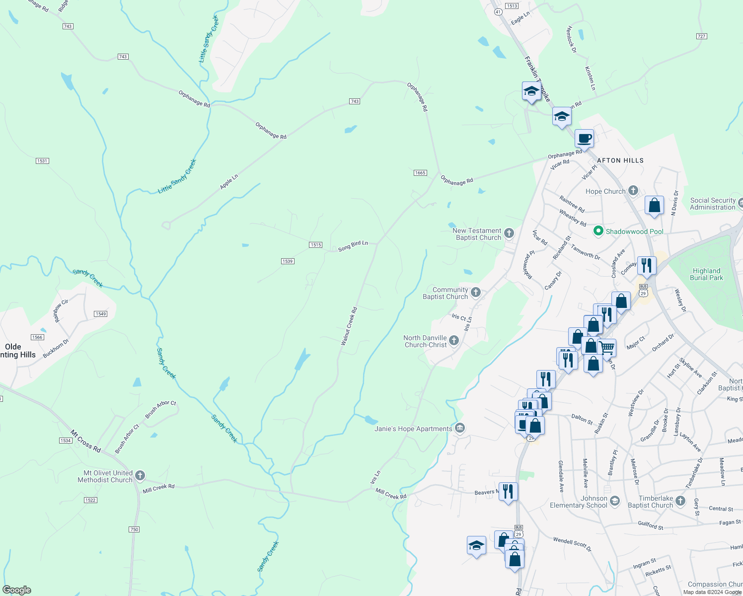 map of restaurants, bars, coffee shops, grocery stores, and more near 833 Walnut Creek Road in Danville