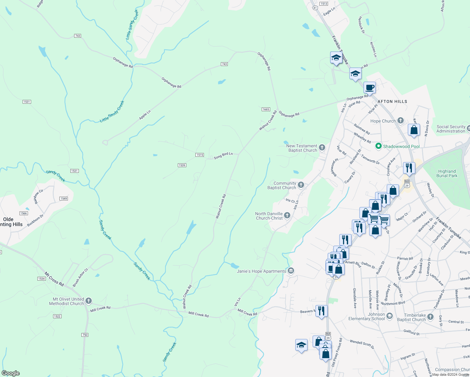 map of restaurants, bars, coffee shops, grocery stores, and more near 833 Walnut Creek Road in Danville