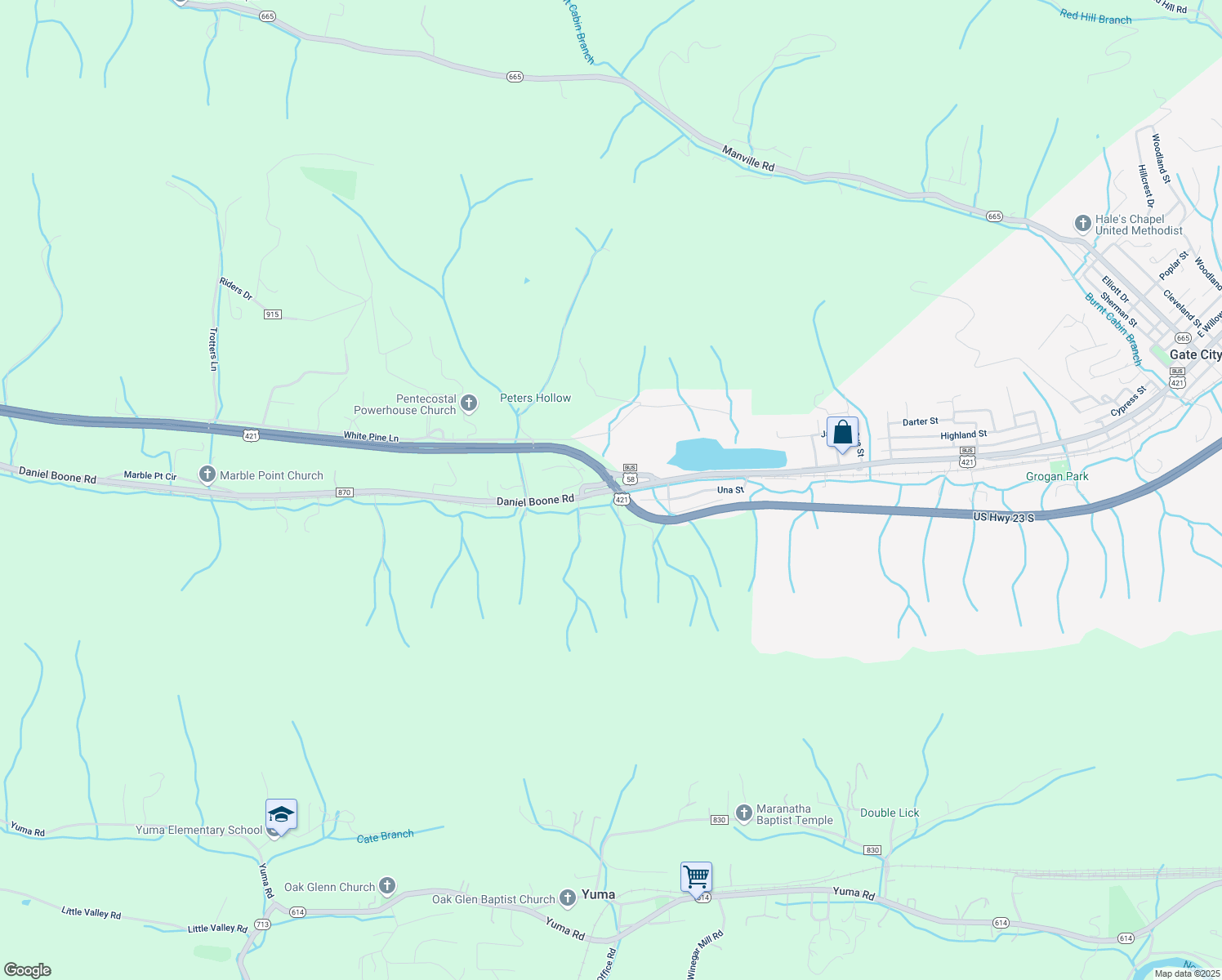 map of restaurants, bars, coffee shops, grocery stores, and more near Daniel Boone Road in Gate City
